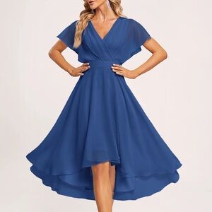 Royal Blue A-line V-Neck Asymmetrical Chiffon Cocktail Dress With Ruffle
